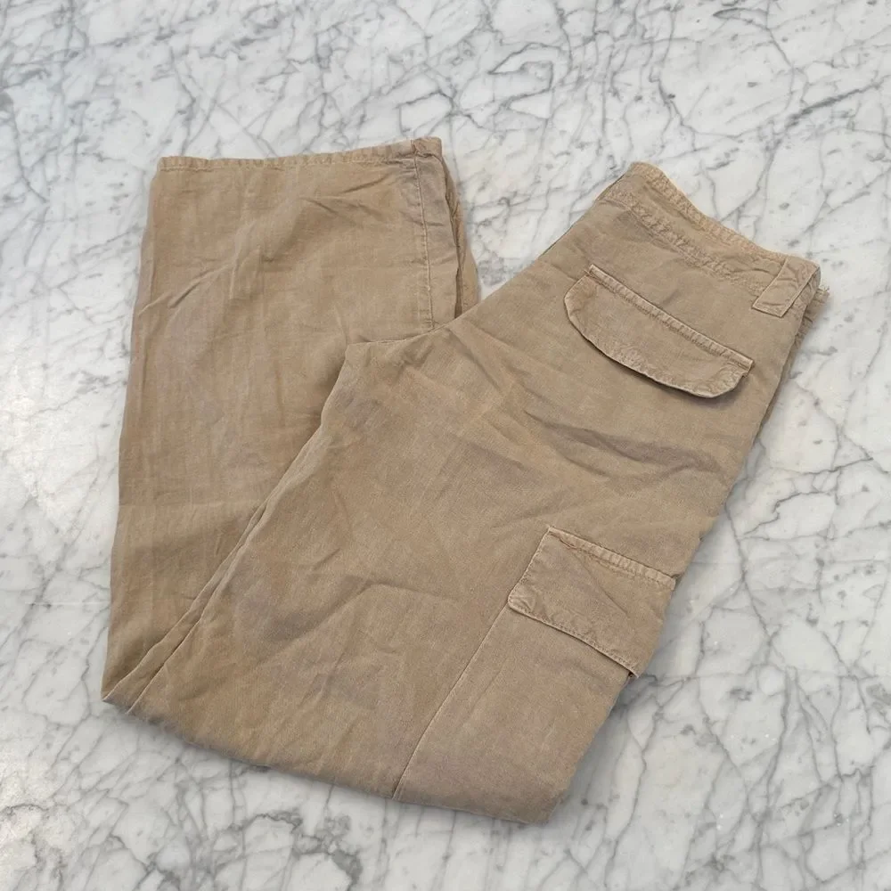 Y2K Zara Linen Blend Tan Cargo Wide Leg Pants Sz 4 Small